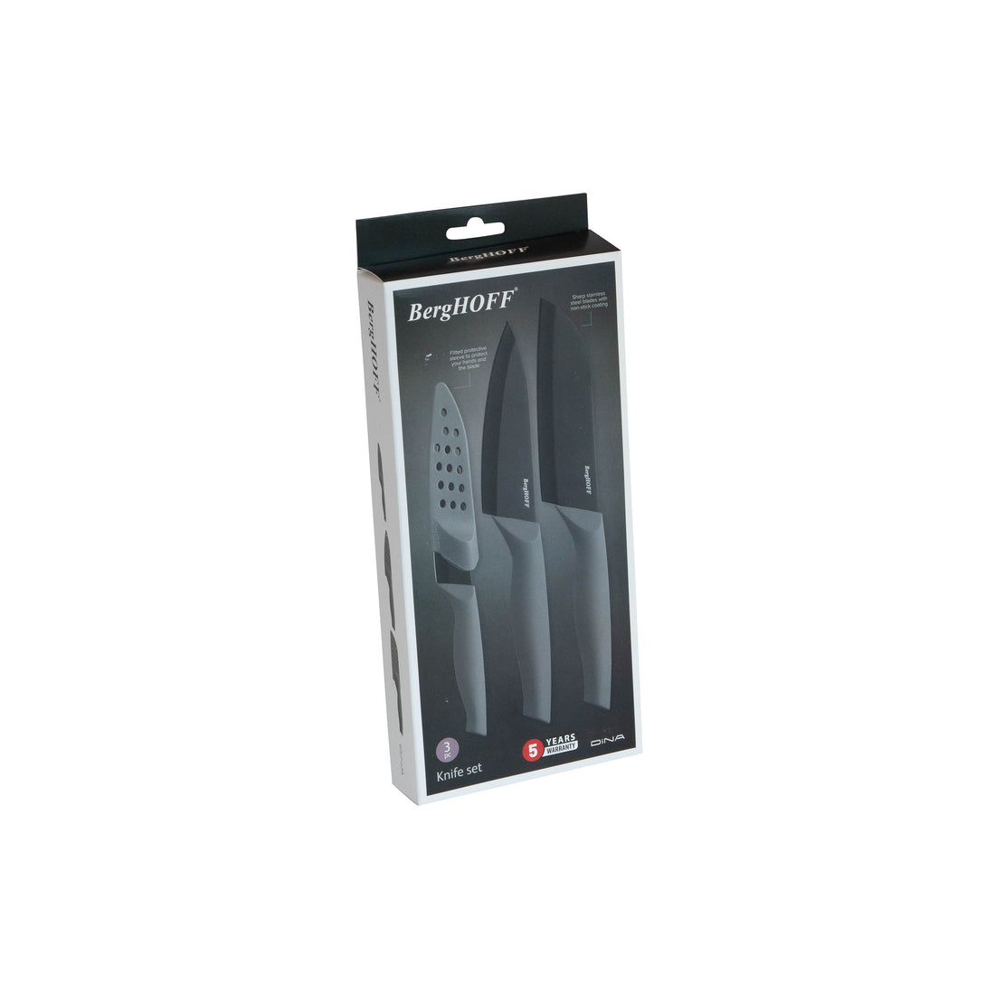 BergHOFF 3-Piece Knife Set - Vector Series with Non-Stick Stainless Blades, Soft-Grip Handles and Sheaths